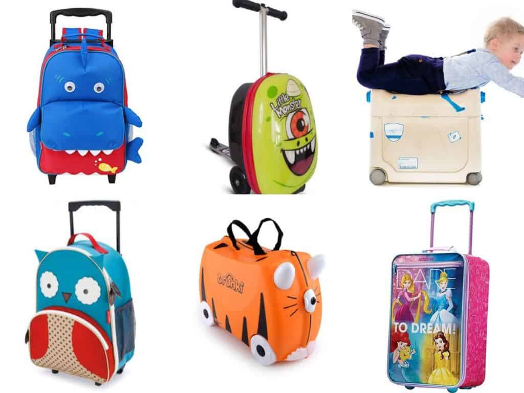 Collage of kids suitcases.