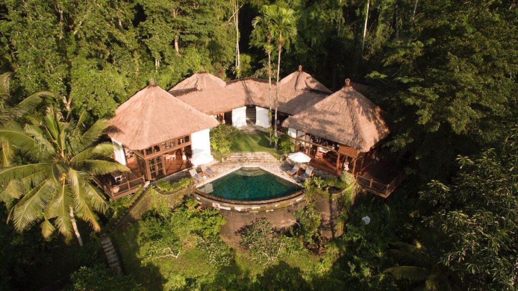 Aerial view of Ubud Villa Melati and its tropical surroundings. 