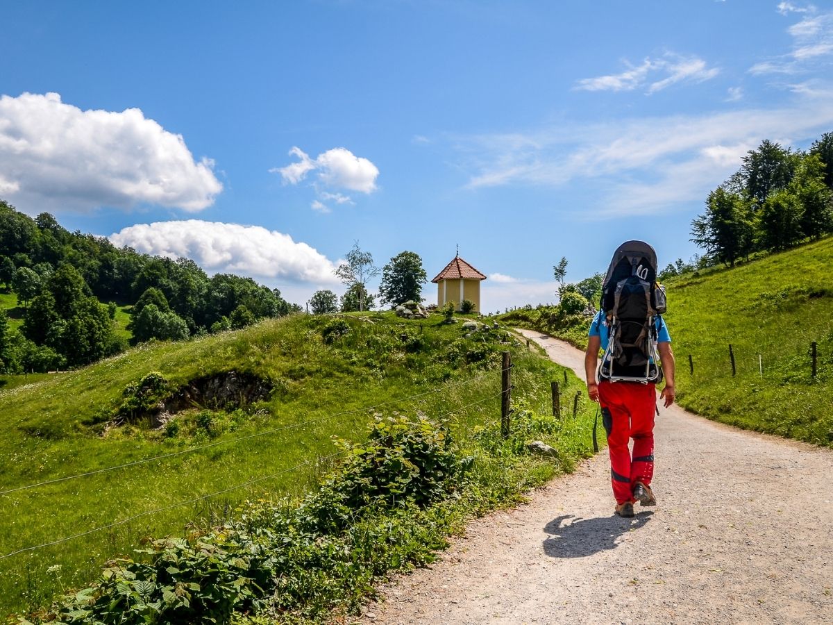 man hiking with baby in hiking baby carrier