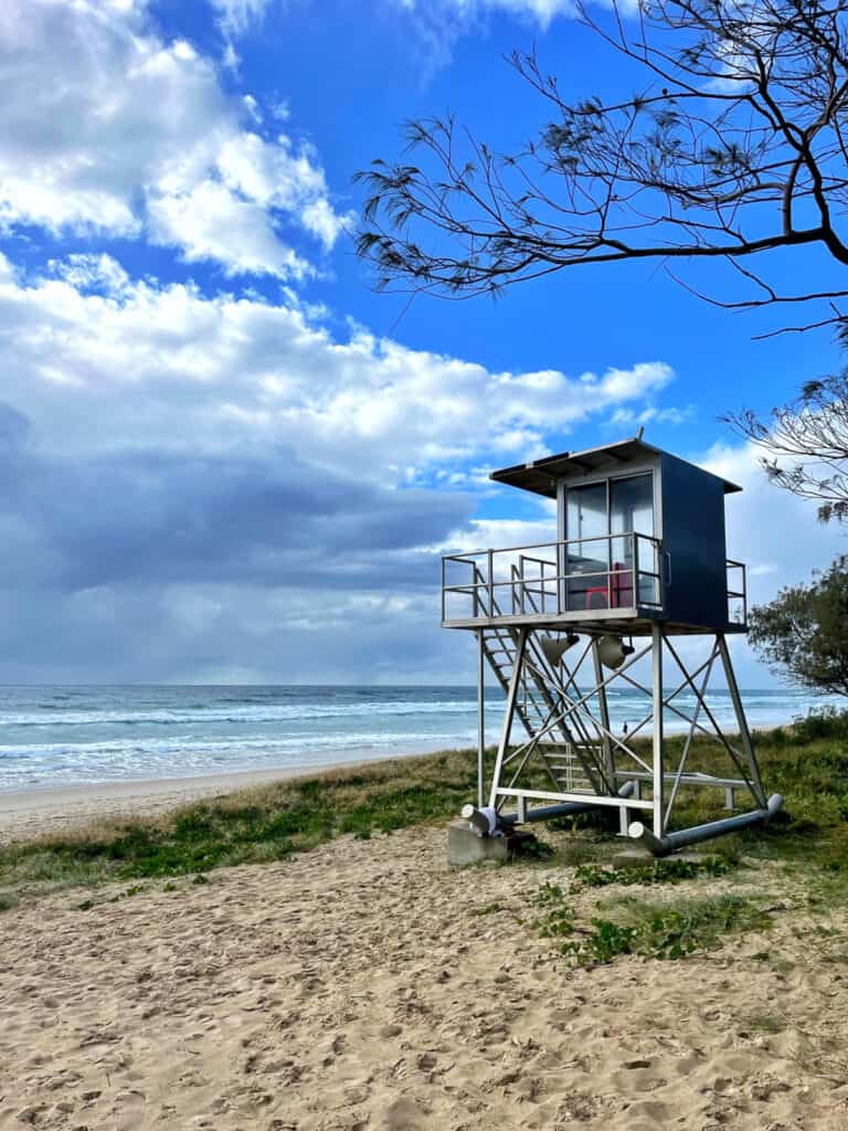 Beach in the Tweed with lifeguard station. 