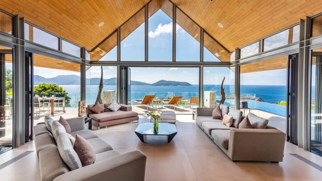 Phuket villa living room with ocean view. 