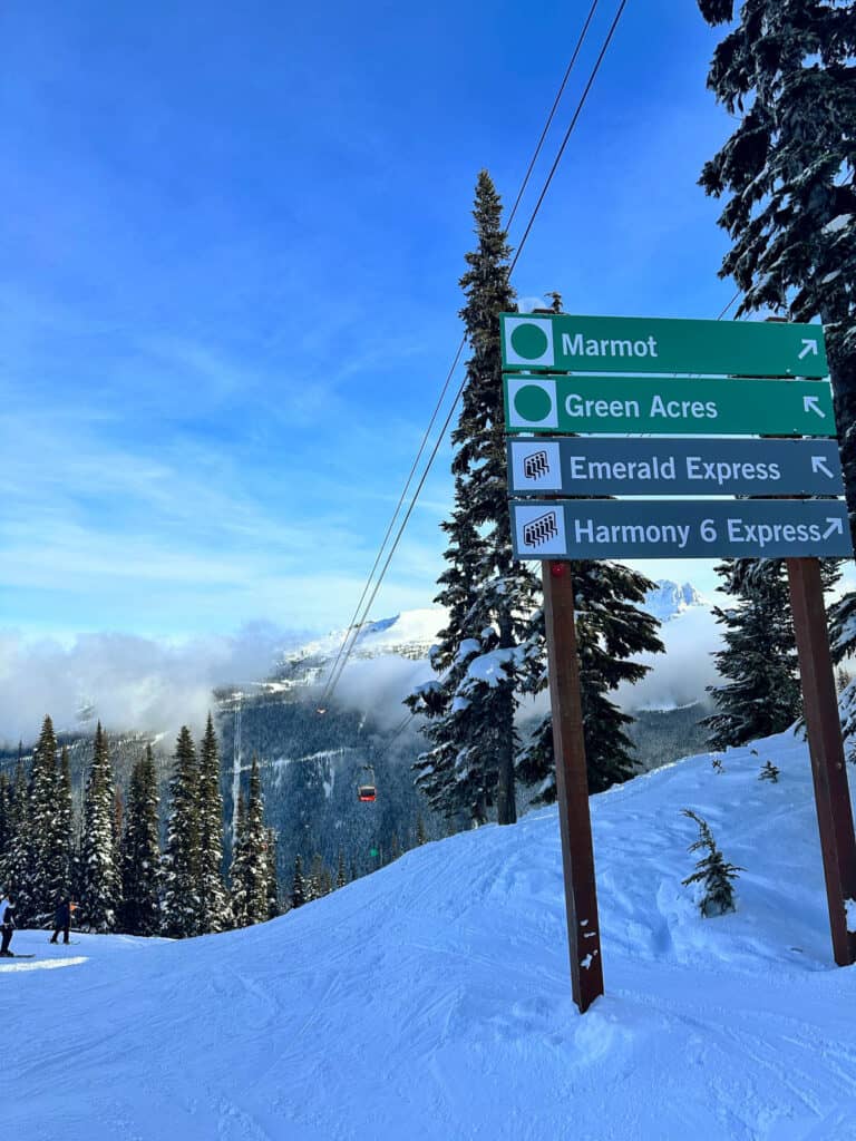 Sign posts showing green runs in Whistler Canada. 