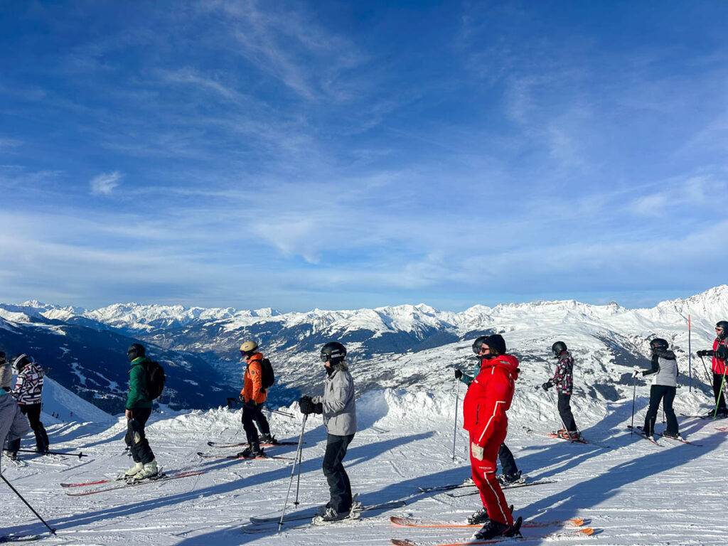 Skiers on the slopes in Les Arcs, France.
